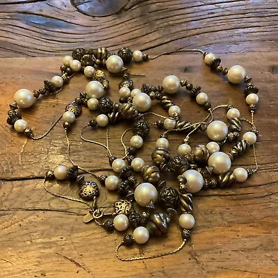 Signed DABBY REID Faux Pearl Antiqued Brass Copper Beads Long Necklace 44” • $12