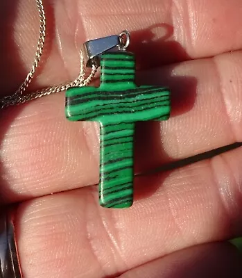 Lovely Malachite Cross On 925 Silver Chain Healing Stone/christianity • £10