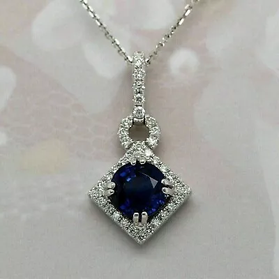 2Ct Round Lab Created Sapphire Diamond Pendant Necklace In 14K White Gold Finish • $67.19