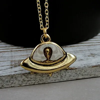 Gold UFO Necklace - Alien Spaceship Pendant - Flying Saucer Necklace- UFO Charm • $17.95