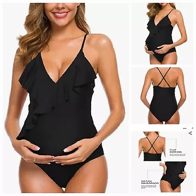 Tempotrek Maternity One Pc Black Swimsuit Ruffle Flounce Deep V Size XL • $16.99