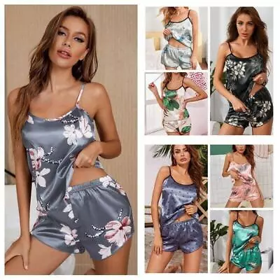 Women Ladies Satin Silk Lace Cami Vest Shorts Lingerie Pyjamas Set Pj Sleepwear • £9.99