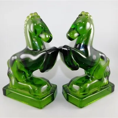 131/2920 Set Of Vintage LE Smith Green Glass Rearing Horse Bookends - • $79.11