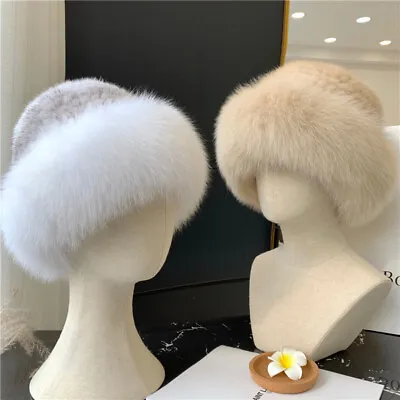 Women Real Mink Fur Hat Knitted Stretch Cap Bowler Cloche Hat Fox Fur Trim Brim • $34