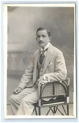 C1910 REAL PHOTO POST CARD RPPC HANDSOME EDWARDIAN MAN LIGHT COLORED SUIT 1A17 • $8.99