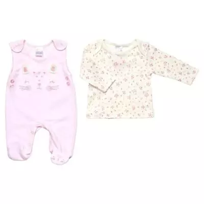 Baby Girls Pink Cat Design 2 Piece Overall Dungaree Set By Cutey Pie • £9.92