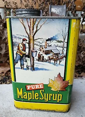 Vtg Pure Maple Syrup Log Cabin Graphic Advertising Tin Half Gallon Can • $44.95