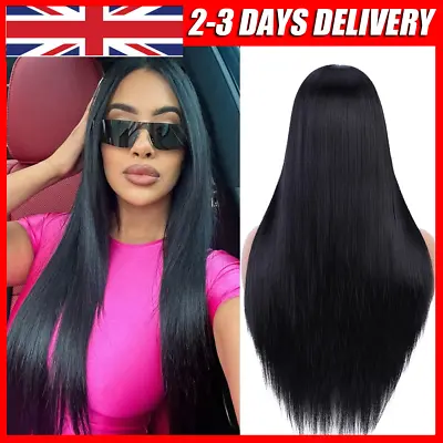 Womens Long Black Synthetic Heat Resistant Straight Hair Full Wig Fashion Wigs • £8.90
