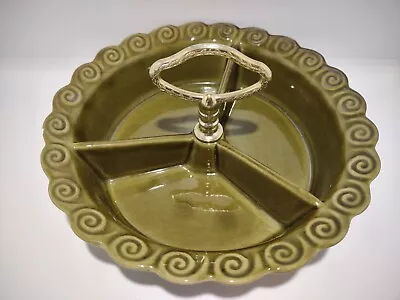 Vtg California Pottery Olive Green Swirl Pattern Condiment Dish 3 Compartment • $14.99