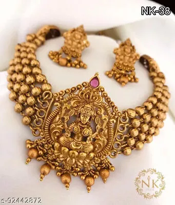 Indian Bollywood Temple Style Gold Plated Choker Necklace Earrings Jewelry Set • $33.43