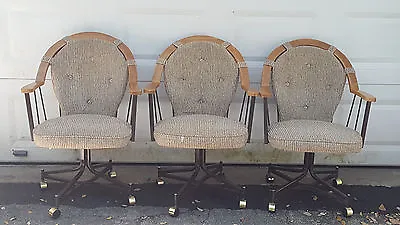 3 Vintage Mid Century Douglas Furniture Oak & Metal Swivel Caster Dining Chair • $750