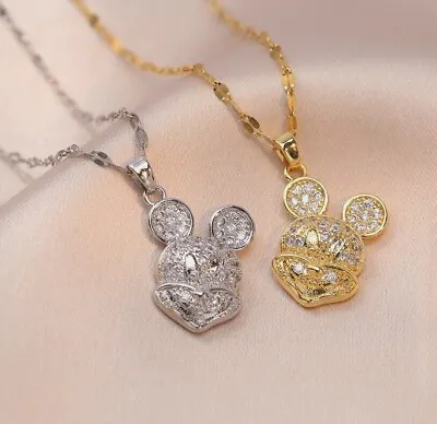 Titanium Silver/Gold Disney Mickey Mouse Pave C. Zirconia Pendant Chain Necklace • $12.99