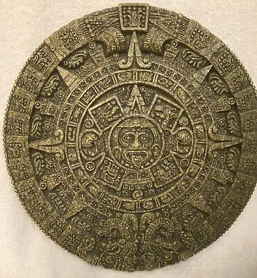 Vintage Aztec Mayan Calendar Sun Stone Malachite Green 11” Wall Plaque EXCELLENT • $35