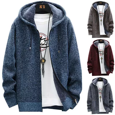 Mens Faux Fur Lined Fleece Hoodie Jacket Hooded Coat Knitted Cardigan Outwear· • £28.21