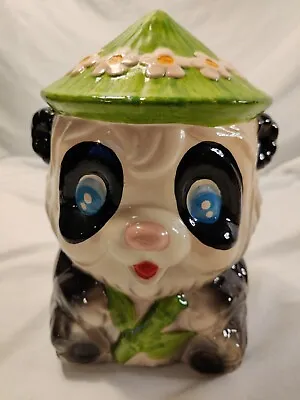 Panda Cookie Jar Vintage Bamboo Flower Green Hat With White Flowers Piggy Bank • $40
