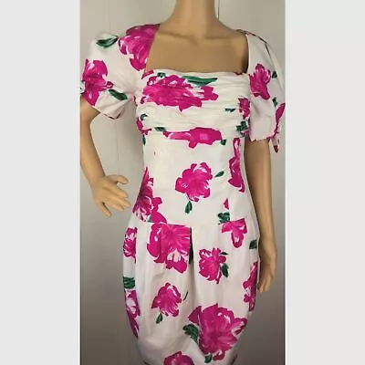 80s Vintage Morton Myles For The Warrens Fuchsia Cabbage Roses/ Bows Dress USA 6 • $89