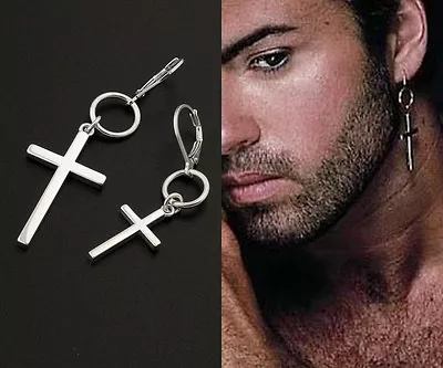 $37.98 • Buy Sterling Silver 925 George Michael Cross Earring Unisex Hoop ONE PIECE Earring
