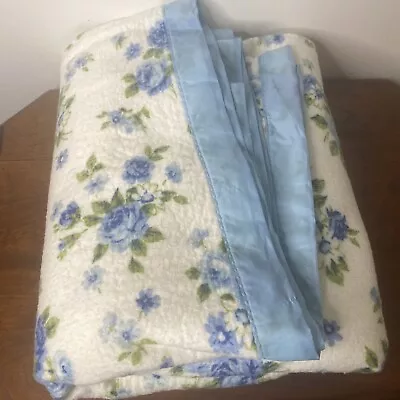 Vintagel Blanket Off White Blue Flowers Satin Trim 71  X 87  Ivory Bedding Twin • $45