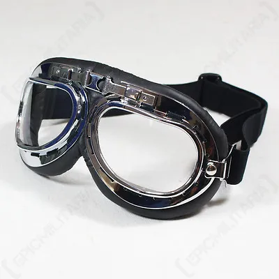 Vintage RAF Style Pilot Goggles - Chrome Flying Aviator Biker Helmet • £18.95