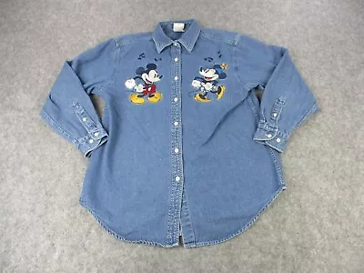 VINTAGE Disney Shirt Womens Medium Blue Denim Mickey Minnie Mouse Emboidery 90s • $64.95