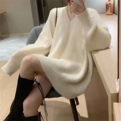 Womens Korean Fashion Loose Faux Fur V Neck Knitted Jumper Midi Pullover Sweater • $57.29