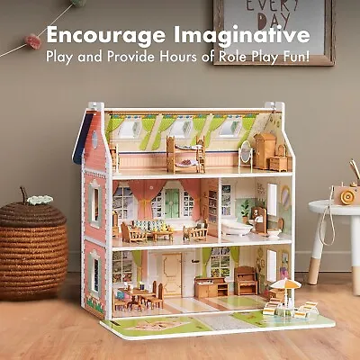 Robud Retro Doll House Wooden Dollhouse With Furniture Gift For Kids Toddler 3+ • $75.99