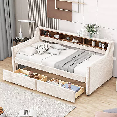 Twin Size Snowflake Velvet Daybed Frame Sofa Bed 2 Storage Drawers/Shelves Beige • $454.99