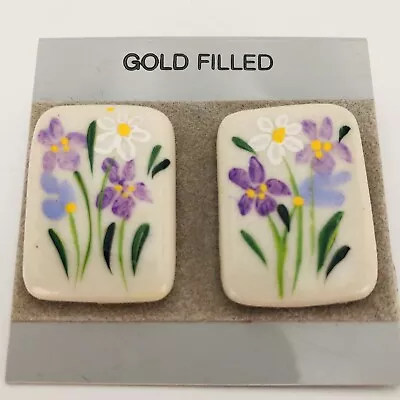 Purple Flowers Hand Painted Porcelain Pierced Earrings Margrit Fleming Cape Cod • $12