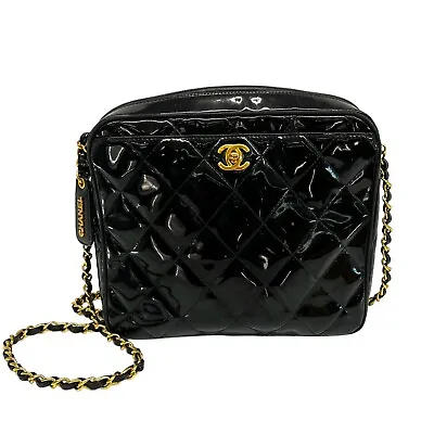 $1850 • Buy Vintage Chanel Quilted Patent Camera Bag Black