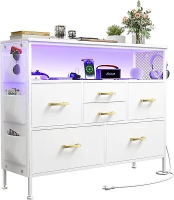 6 Drawers Dresser For Bedroom TV Stand With Power Outlets And LED Light White • $126.99