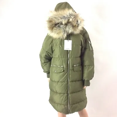 $94.04 • Buy Pull And Bear Women Puffer Winter Jacket Size L Green Long Quilted Knee F47 New 