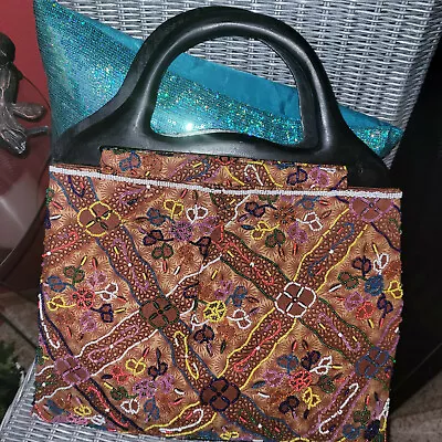 $58.95 • Buy TREESJE ~ Hand Beaded Handbag Tote With Wood Handles ~ RARE ~ GORGEOUS