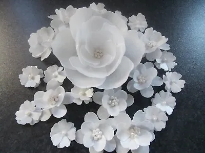 21 Edible White Mix Flowers Wafer/rice Paper Cake/cupcake Toppers • £15