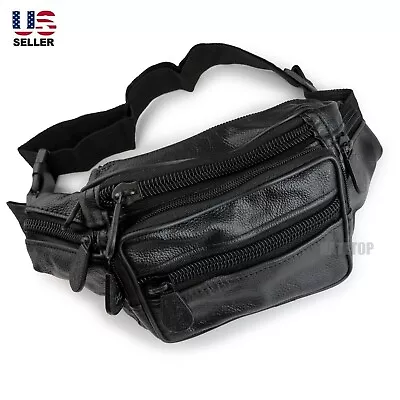 Black Leather Waist Bag Fanny Pack Belt Bag Bum Pouch Travel Hip Purse Men • $10.99