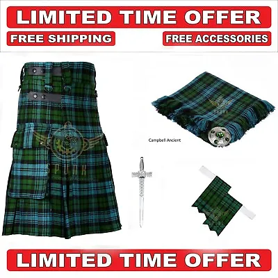 $89 • Buy Scottish Campbell Ancient Tartan Utility Kilt Two Cargo Pockets With Accessories