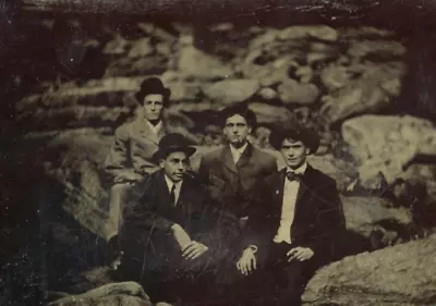 ANTIQUE TIN TYPE PHOTO Boulder Scene Well Dressed Men Cigars Hats Suits Mountain • $14.77