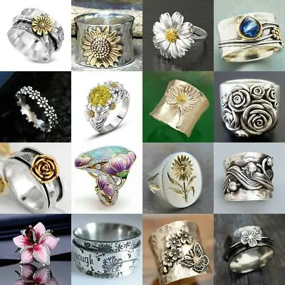 $1.67 • Buy Vintage Daisy Sunflower Rings Women Boho Spinner Wide Band Jewelry Gift Size7-11
