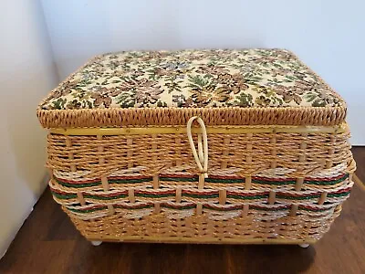 $29.99 • Buy Vintage Tapestry Wicker Woven Sewing Box Basket Pin Cushion Satin Interior 