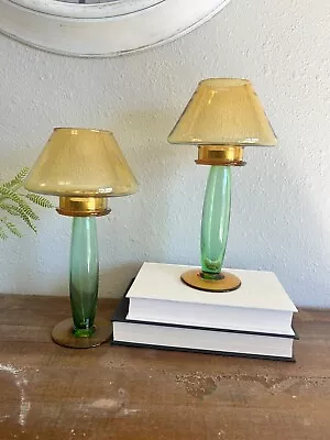 Vintage Glass Art 2 PC Green And Yellow Votive Candle Holder Set Of 2 • $47