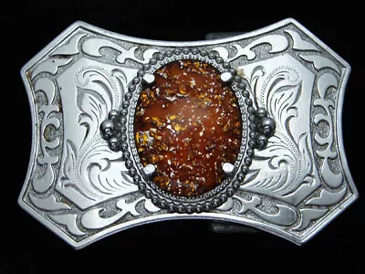 QD07166 VINTAGE 1970s **FOIL** ORNAMENTAL WESTERN & COWBOY DESIGN BELT BUCKLE • $14