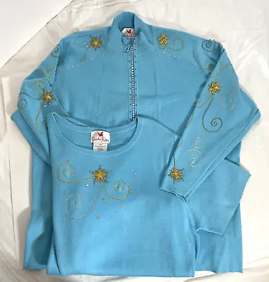 Quaker Factory Women's 2X Two-Piece Sweater Set Blue Gold Embroidery Beads Stars • $25