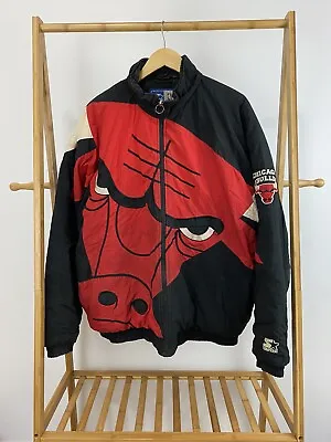 VTG Chicago Bulls NBA Jordan Big Mascot Graphic Puffer Starter Jacket Sz L RARE • $449.96
