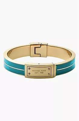 Michael Kors Bracelet Logo Plaque Hinged Bangle Enamel Turquoise Gold Stainless • $59