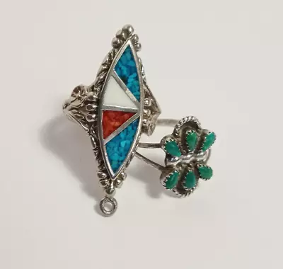 Sterling Silver Rhodium Plated Coral Turquoise Inlay Zuni Ring 5.7 & Flower Ring • $25