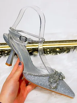 New Womens Ladies Diamante Mid Heel Strap Pointed Toe Party Wedding Sandal Shoes • £14.24
