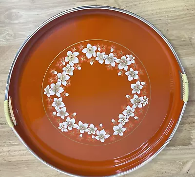 Japanese Lacquer Tray Round Handles Vintage Orange White Flowers Gold Accent 15  • $20