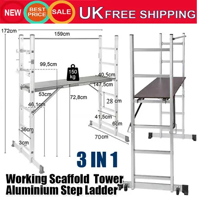£108.99 • Buy 3-in-1 Working Scaffold Tower Aluminium Step Ladder Platform Indoor Outdoor Use