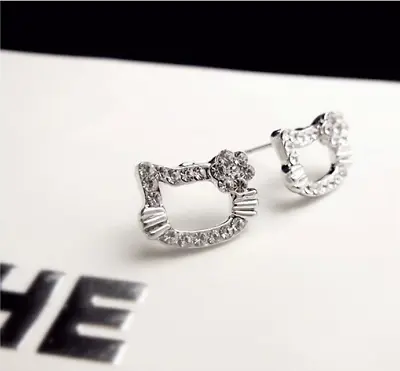 $8.99 • Buy Adorable SILVER Bow Hello Kitty Crystal Cat Kitten Stud Earrings 