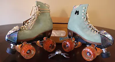 Moxi Lolly Honeydew Roler Skates With Toe Caps And Clementine Orange Wheels • $550