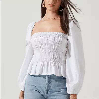 H&M- Women’s White Cotton Smocked Bubble Top Blouse Size Medium • $22